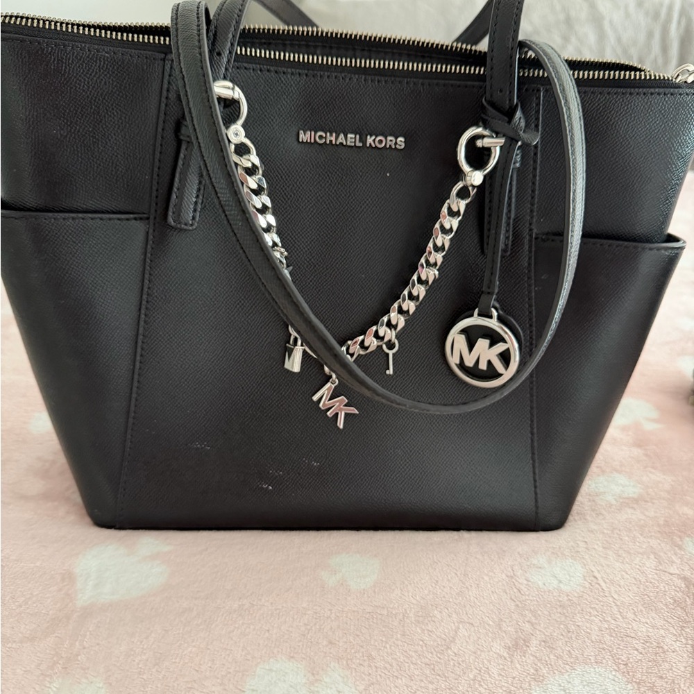 Michael Kors Black Leather Tote with Silver Accents